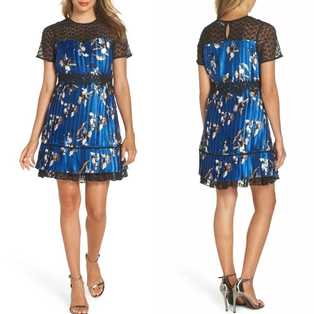 FOXIE DOX CARMELLA BLUE FLORAL PLEATED LACE MINI DRESS